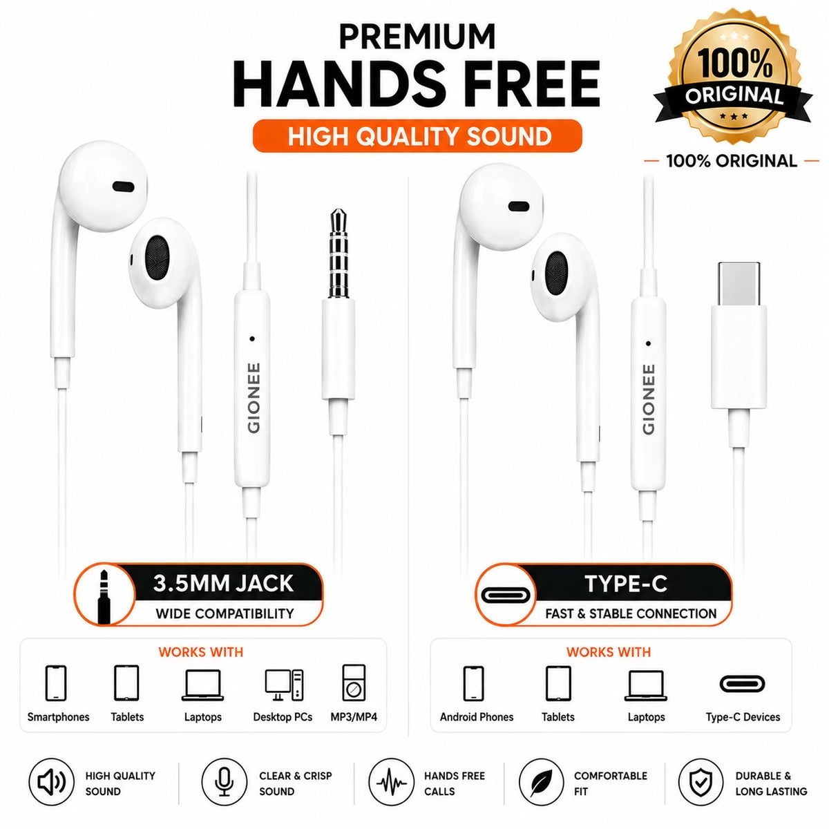Original Gionee Wired Handsfree 3.5mm Jack - Type-C Earphones