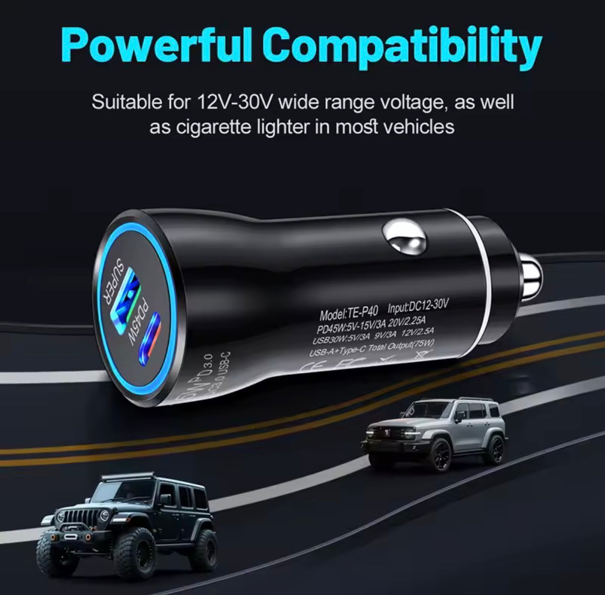 Fast Car Charger with USB - Type-C PD Port (C-Type charging cable included)