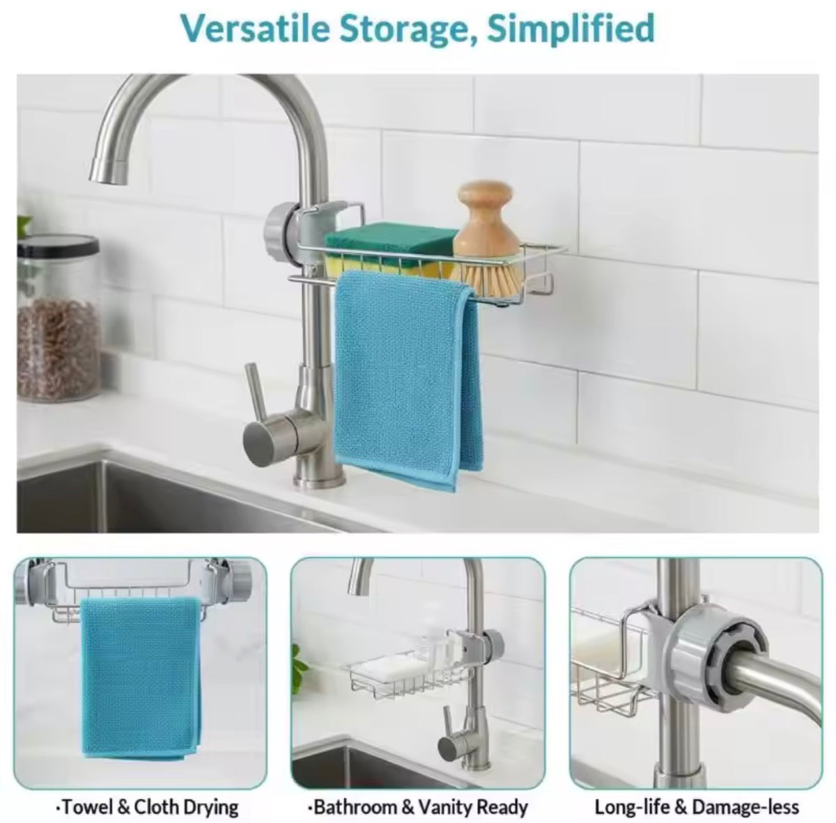 Stainless Steel Kitchen Faucet Holder – Rustproof Sink Sponge & Soap Storage Rack with Drainage
