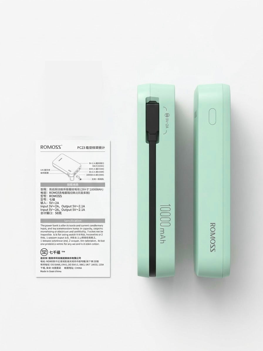 ROMOSS 10000mAh Power Bank, designed for ultimate convenience, speed, and portability. Featuring a sleek, compact mint green design and an integrated multi-connector cable.