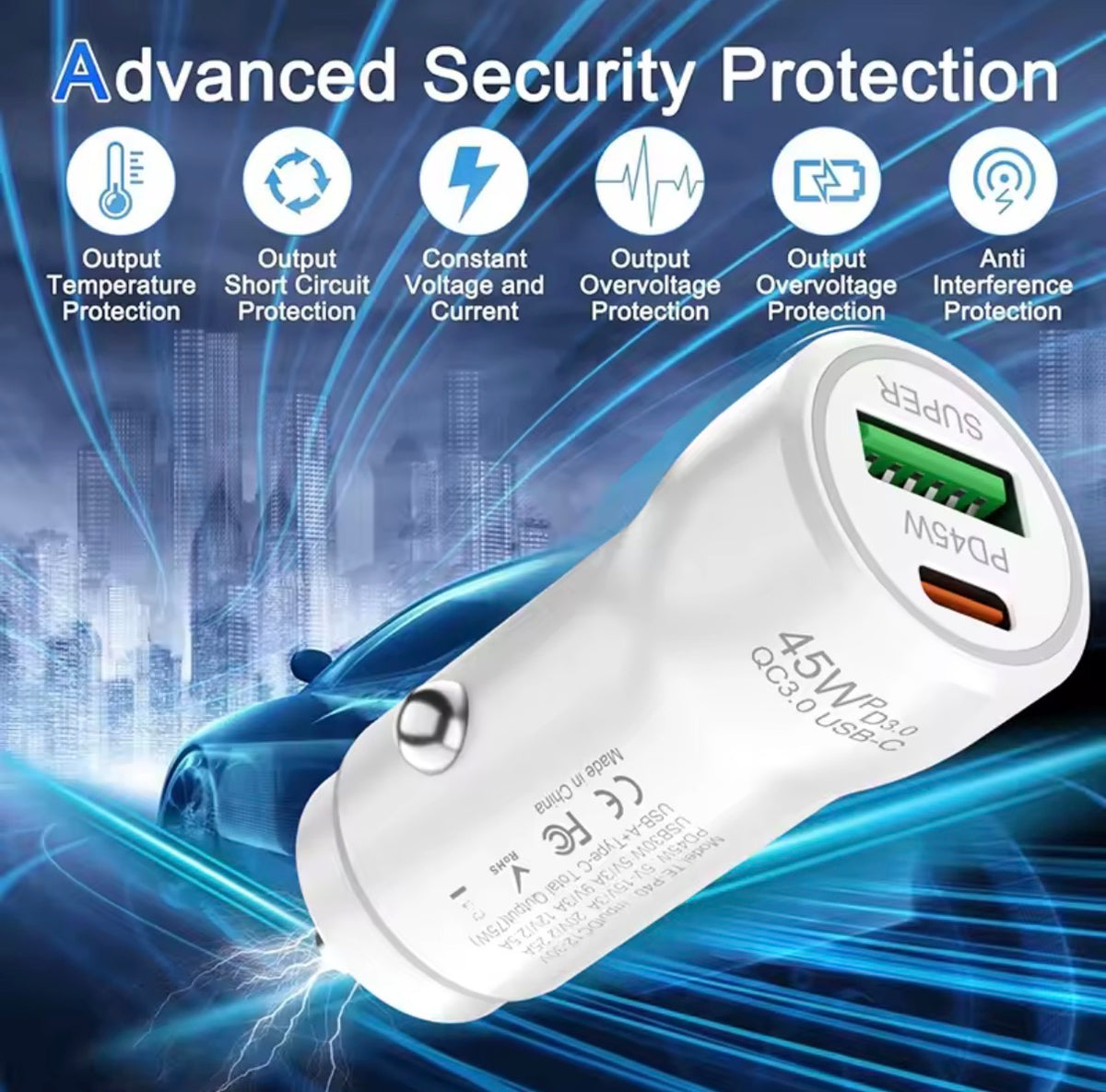 Fast Car Charger with USB - Type-C PD Port  (C-Type charging cable included)