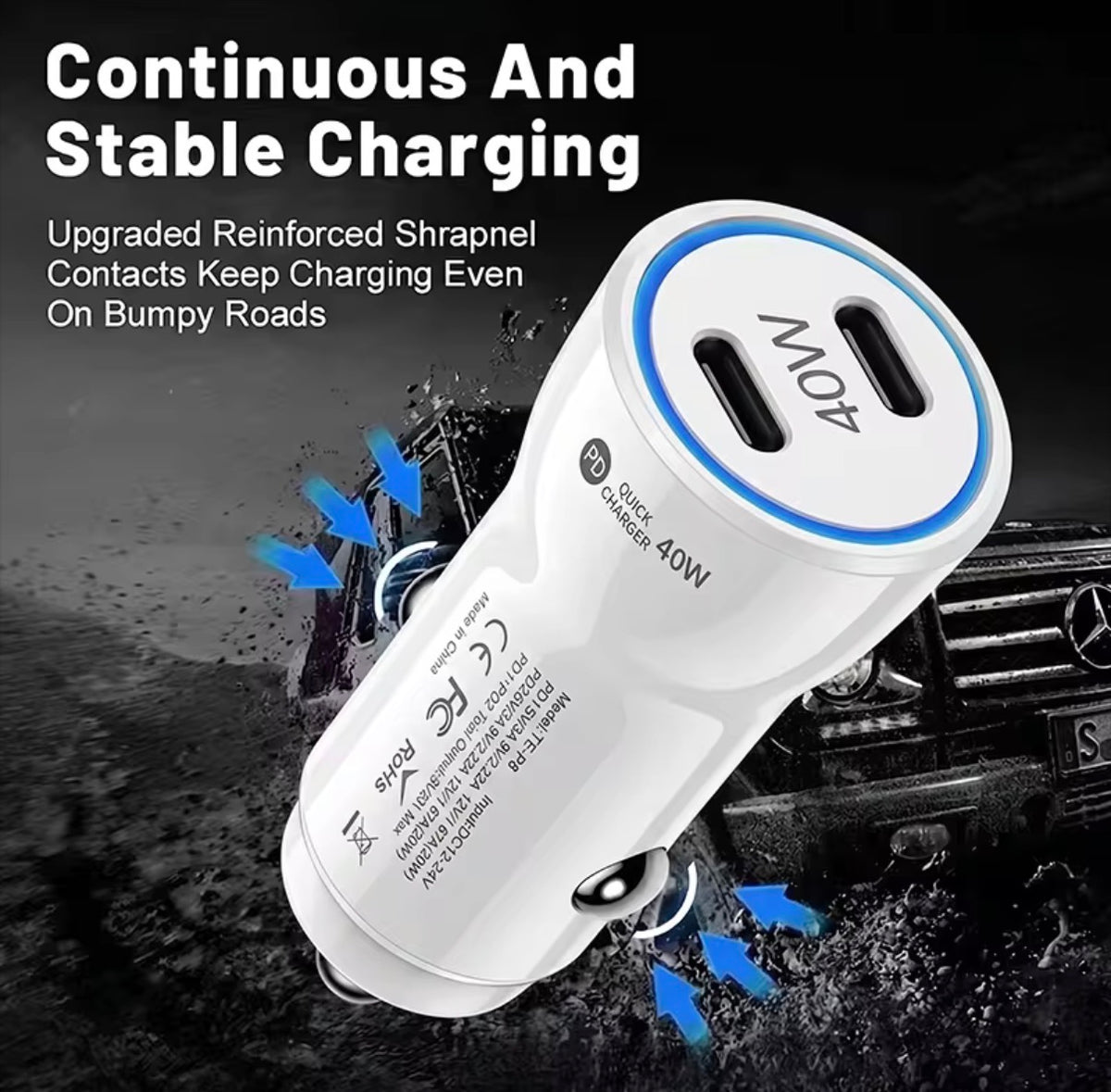 Fast Car Charger with USB - Type-C PD Port  (C-Type charging cable included)