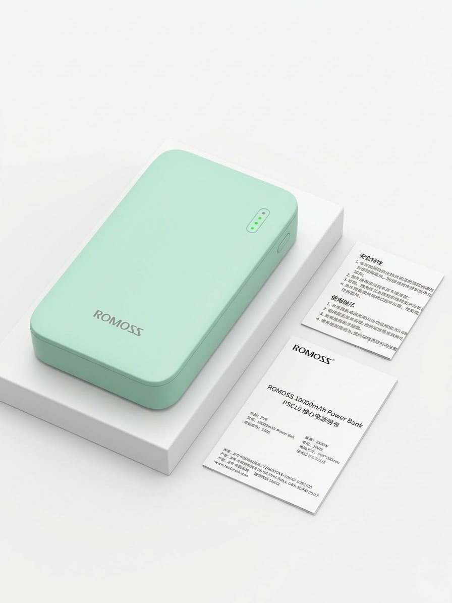 ROMOSS 10000mAh Power Bank, designed for ultimate convenience, speed, and portability. Featuring a sleek, compact mint green design and an integrated multi-connector cable.