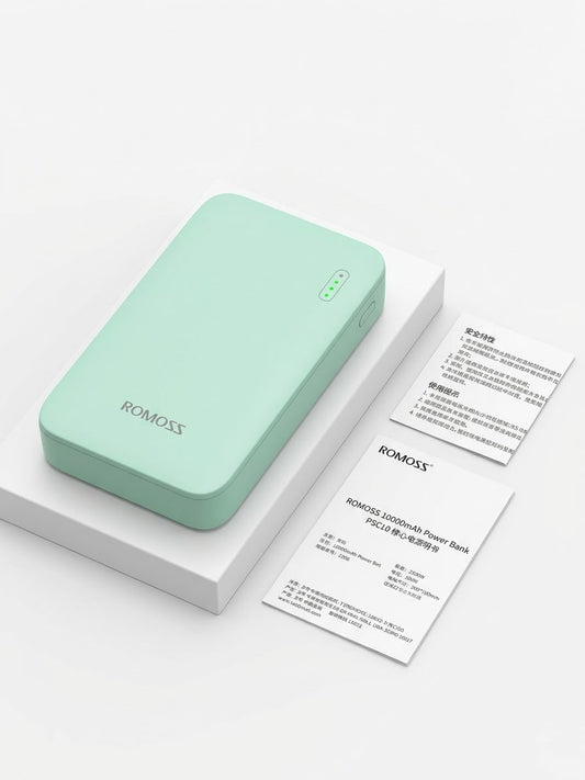 ROMOSS 10000mAh Power Bank, designed for ultimate convenience, speed, and portability. Featuring a sleek, compact mint green design and an integrated multi-connector cable.