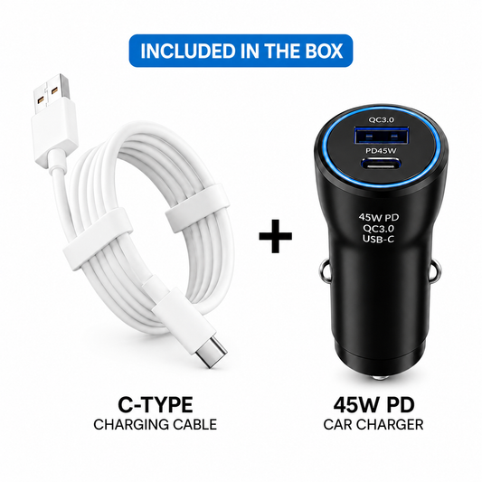 Fast Car Charger with USB - Type-C PD Port  (C-Type charging cable included)