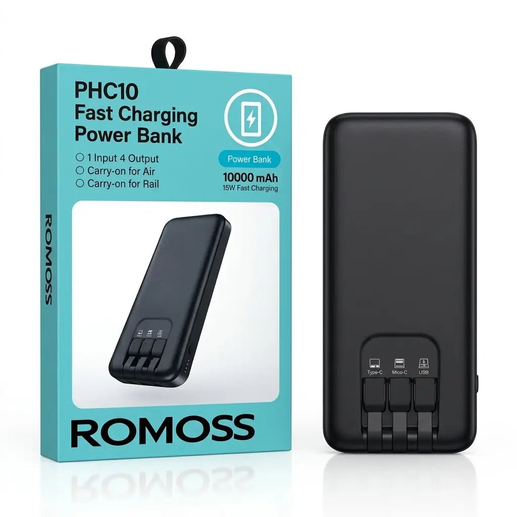 ROMOSS PHC10 10000mAh 15W Fast Charging Power Bank – 1 Input 4 Output | Built-in 3 Charging Cables (Type-C, Micro-USB, and Phone Cable) | Portable Travel Charger