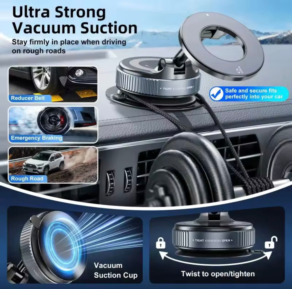 Magnetic Vacuum Phone Holder – 360° Rotating Car Mount with Strong Suction
